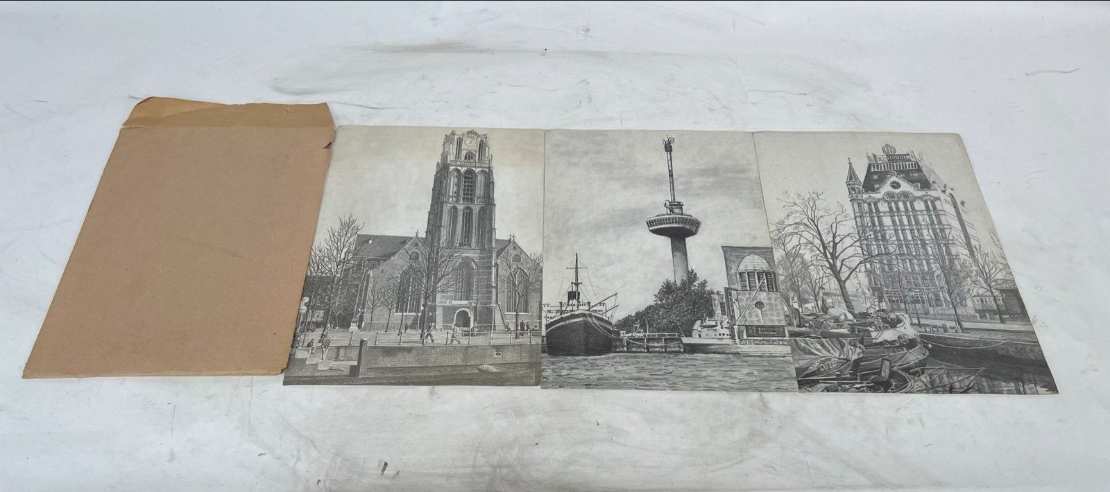 Set van 3 Rotterdamse stadsgezichten - Potloodtekeningen, Antiek en Kunst, Kunst | Tekeningen en Foto's, Tekening, Potloodtekening