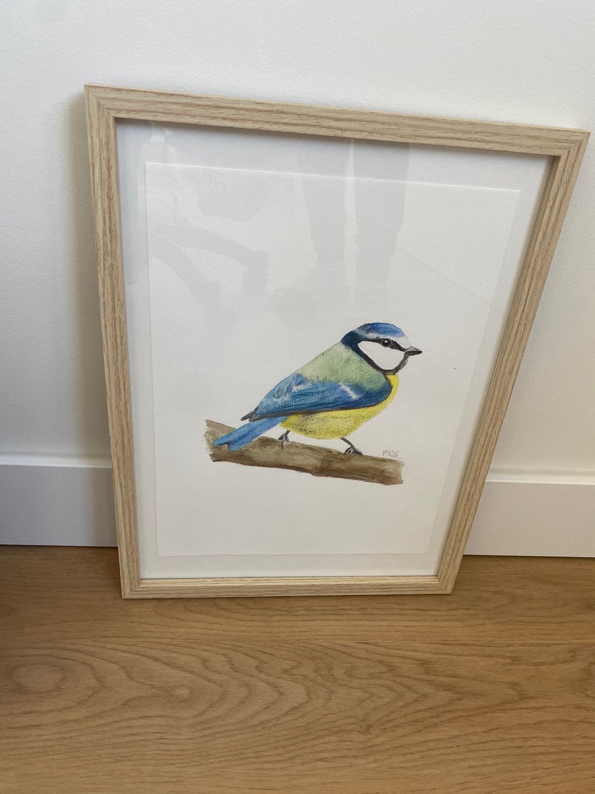 Handgeschilderd aquarel pimpelmees in lijst, Realistisch, Dieren, Ophalen of Verzenden, Aquarel