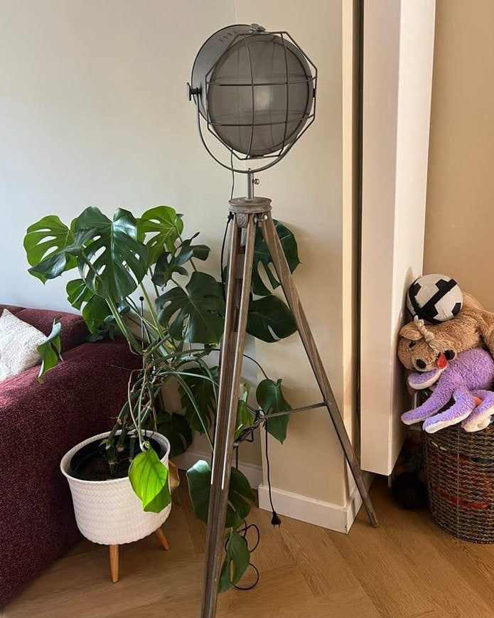 Industriële vloerlamp tripod hout, Ophalen, Zo goed als nieuw, Hout, 150 tot 200 cm