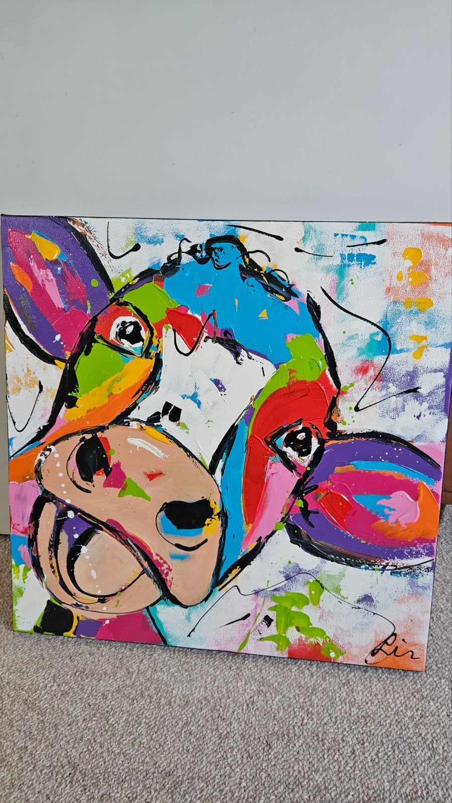 Authentiek Handgeschilderd Kleurrijk Koe Schilderij - Liz, Ophalen of Verzenden, Gesigneerd, Dieren