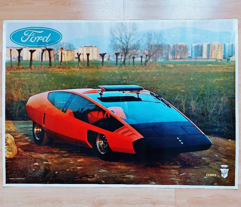 Ford Coins Ghia concept car poster 1974 Vintage Zeldzaam!, Verzenden, Zo goed als nieuw, Auto's