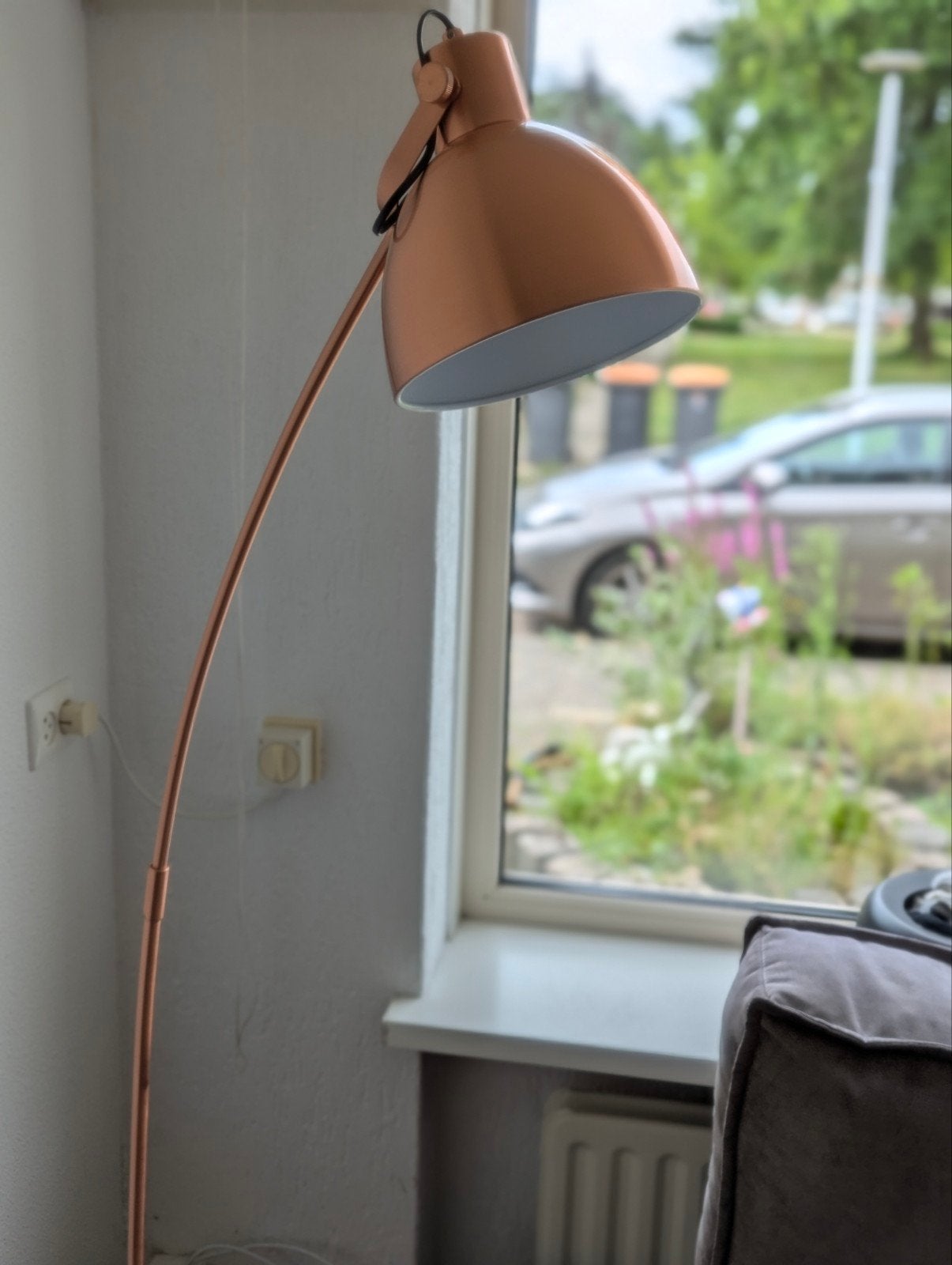 Grote koperkleurige booglamp met dimmer, Huis en Inrichting, Lampen | Vloerlampen, Ophalen, Gebruikt, 150 tot 200 cm