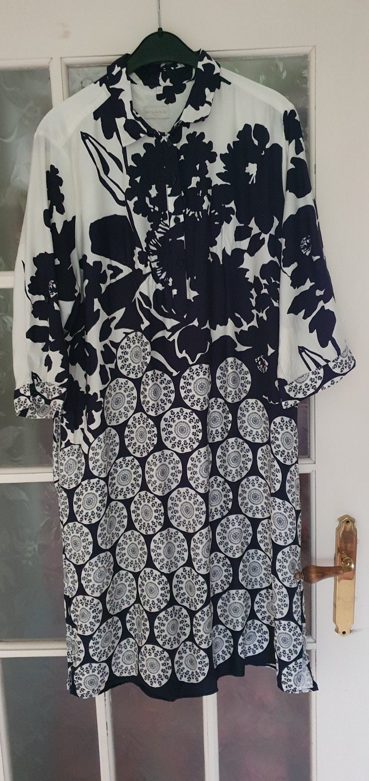 Milano donkerblauw/wit blouse maat 44, Kleding | Dames, Grote Maten, Zo goed als nieuw, Jurk, Blauw, Ophalen of Verzenden