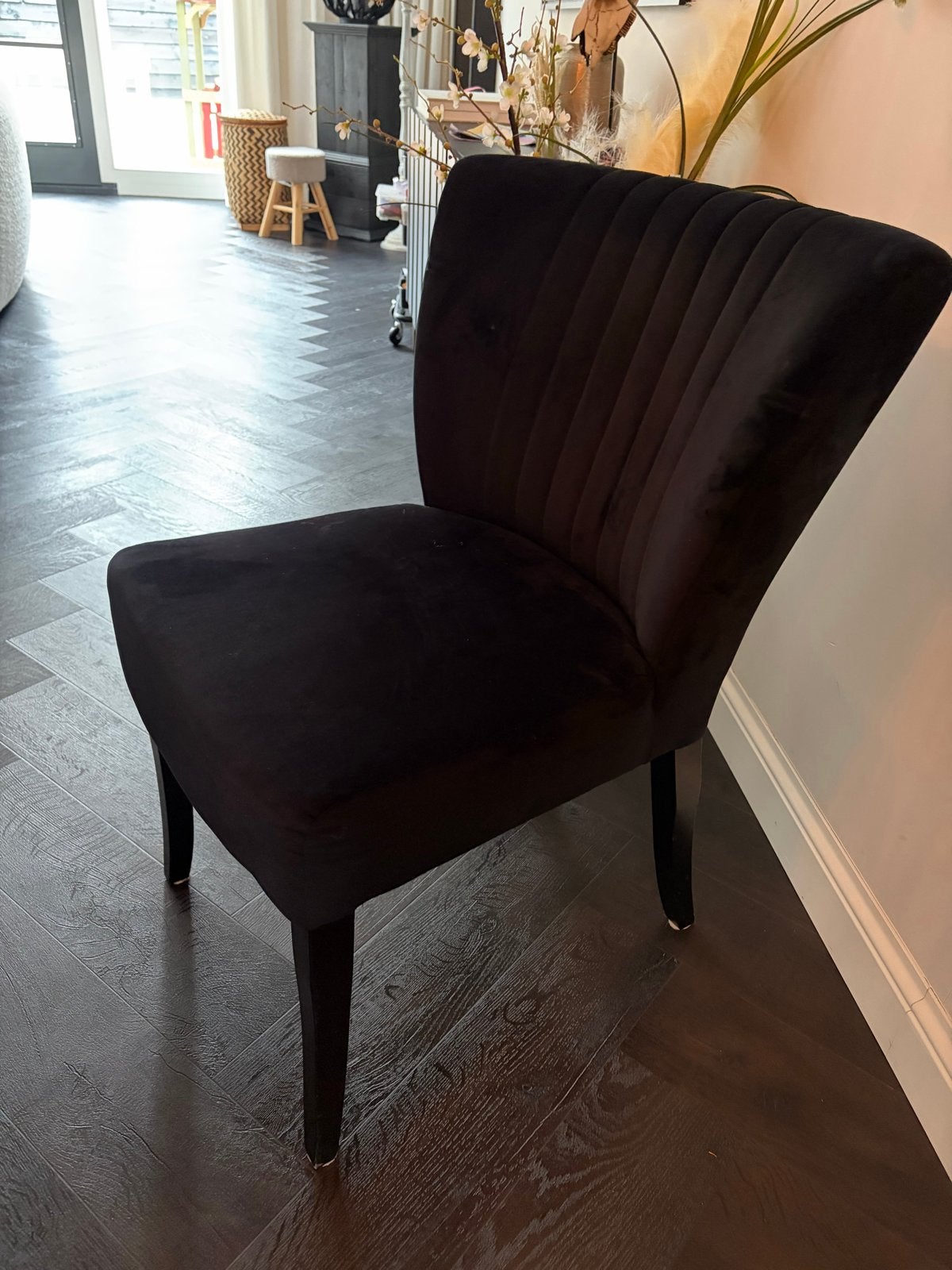 10 Zwarte fluwelen eetkamerstoelen met ring, Huis en Inrichting, Stoelen, Ophalen, Zwart, Zo goed als nieuw, Stof