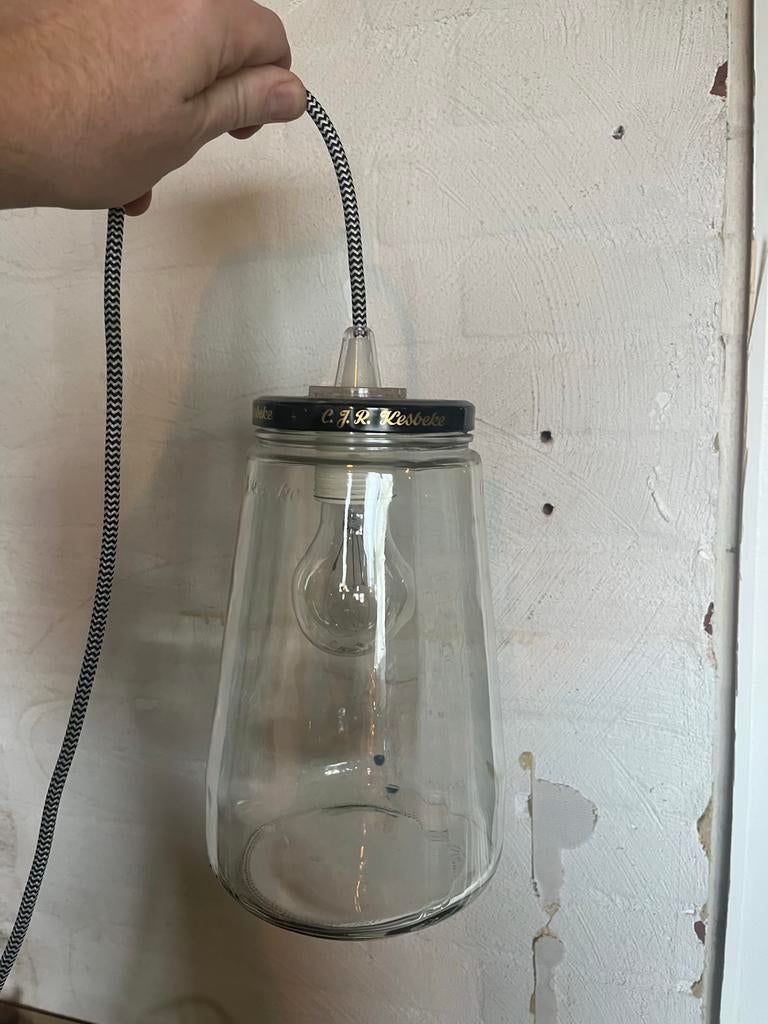 Unieke hanglamp van glazen pot - Handgemaakt, Huis en Inrichting, Lampen | Hanglampen, Ophalen of Verzenden, Zo goed als nieuw