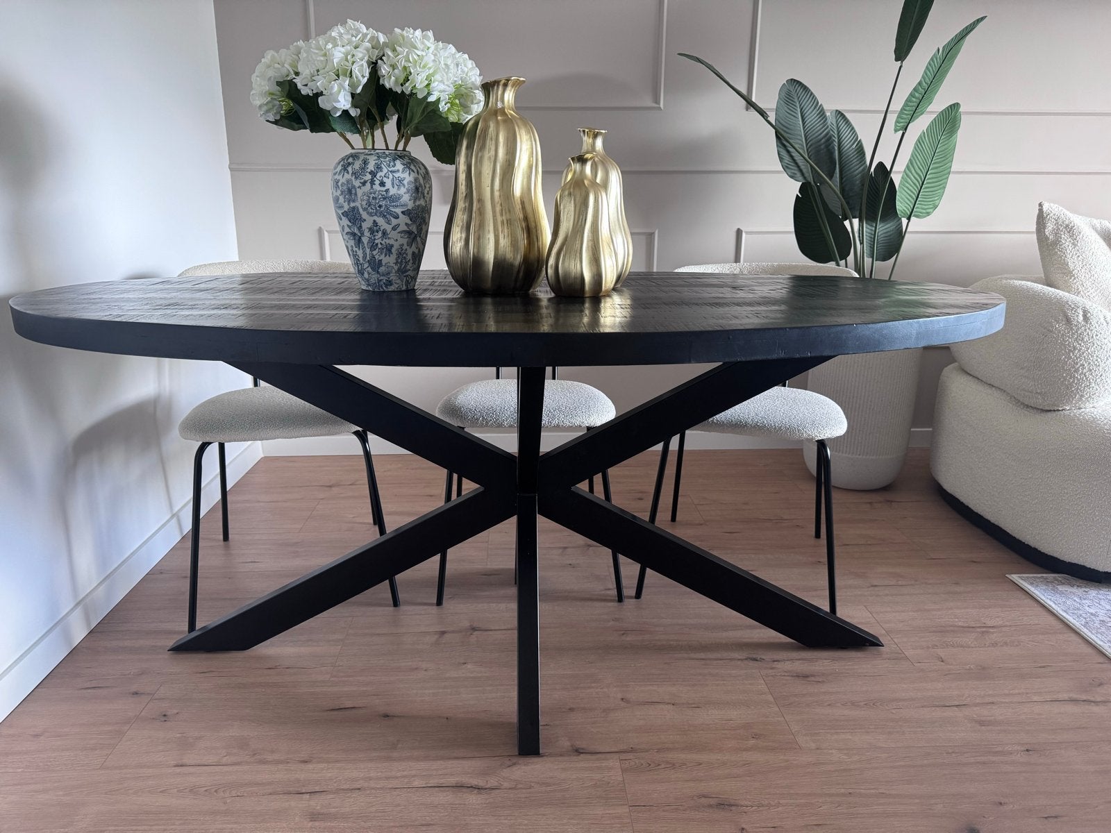 Ovale eettafel met 6 teddy stoelen, Ophalen, 100 tot 150 cm, Zo goed als nieuw, Vijf personen of meer