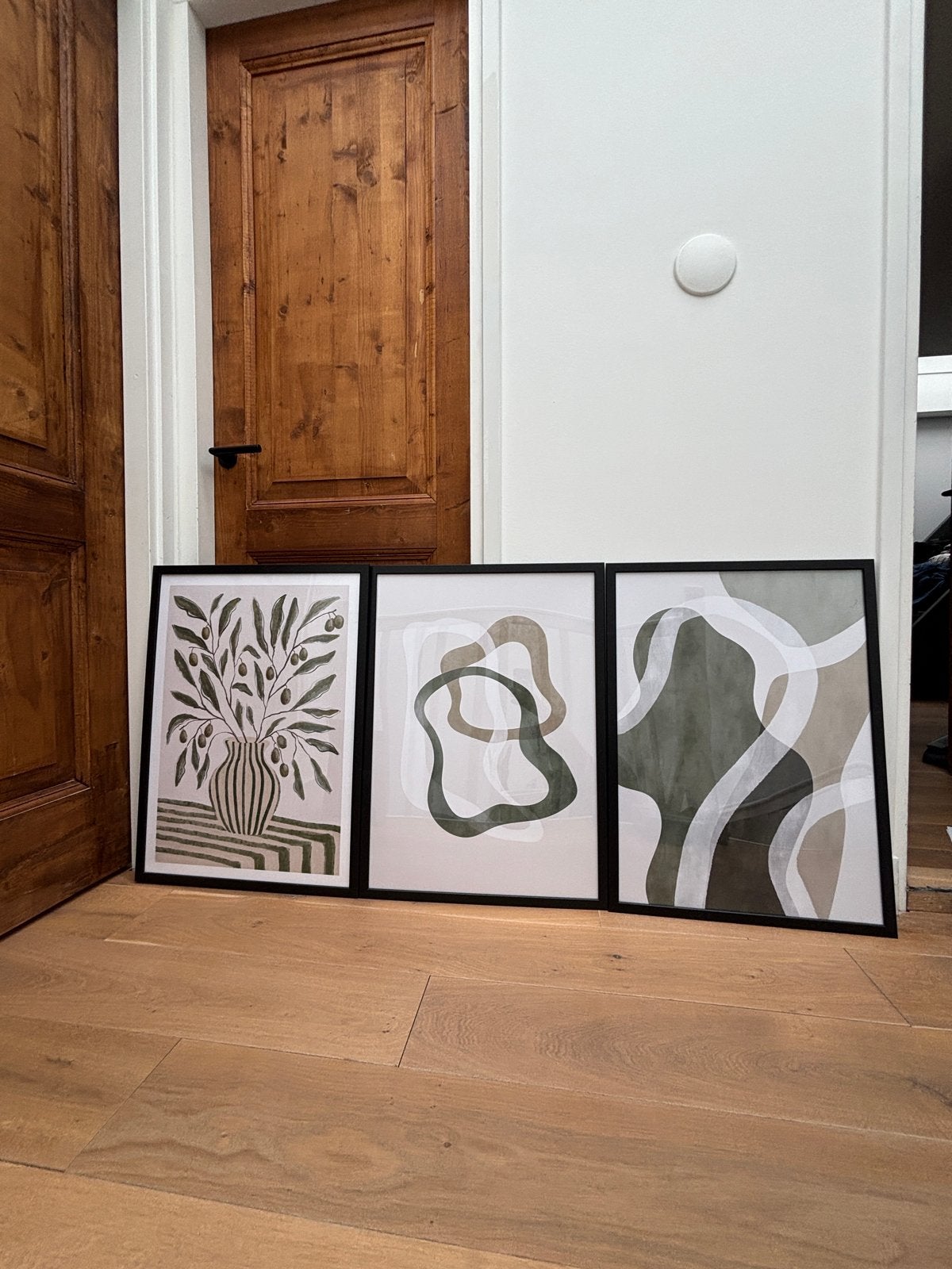 3 ingelijste posters Desenio Abstract Green Trio, 50x70, Huis en Inrichting, Ophalen, 50 – 75, 50 tot 75 cm, Print