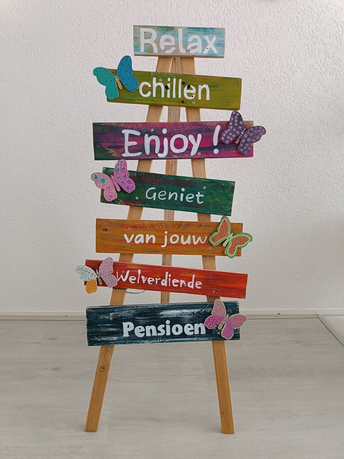 Houten bord met tekst 'Relax chillen Enjoy! Pensioen!, Ophalen, Hout, Gebruikt, Meerkleurig