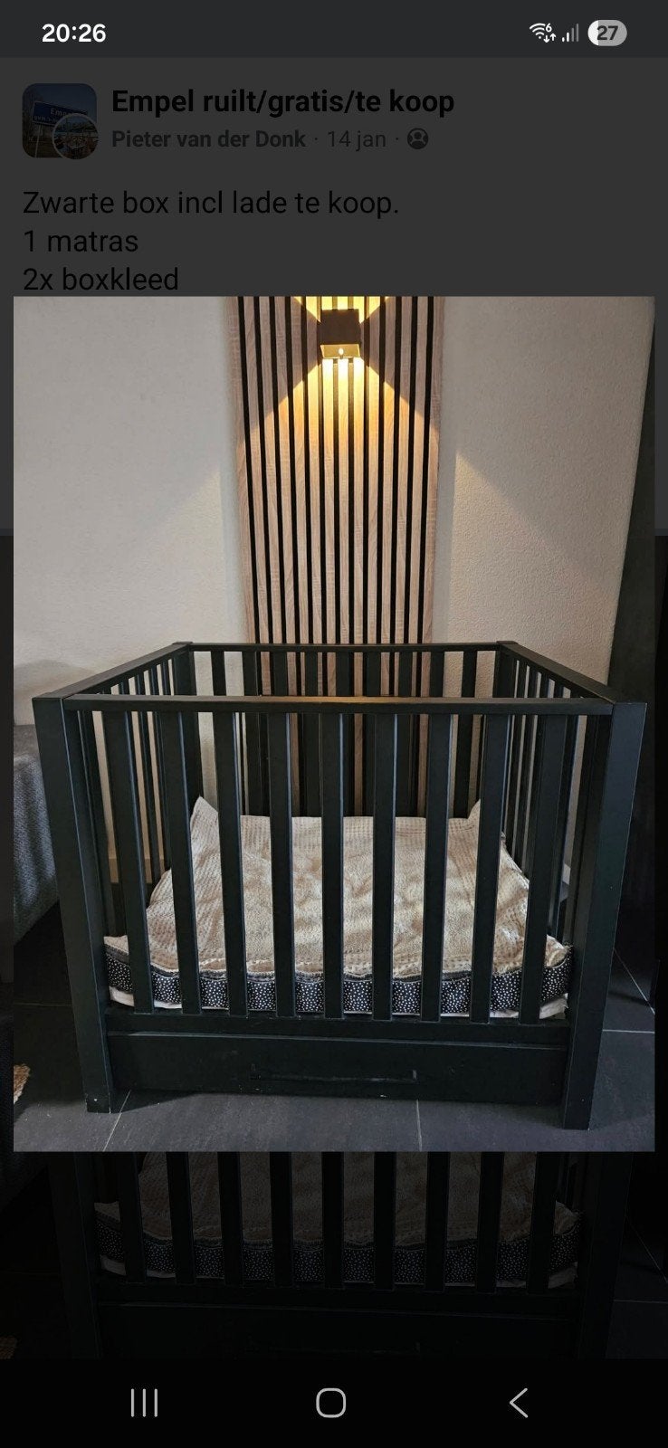 Zwarte box met matras en Koeka boxkleden, Kinderen en Baby's, Boxen, Ophalen, Zo goed als nieuw, Rechthoekig, In hoogte verstelbaar