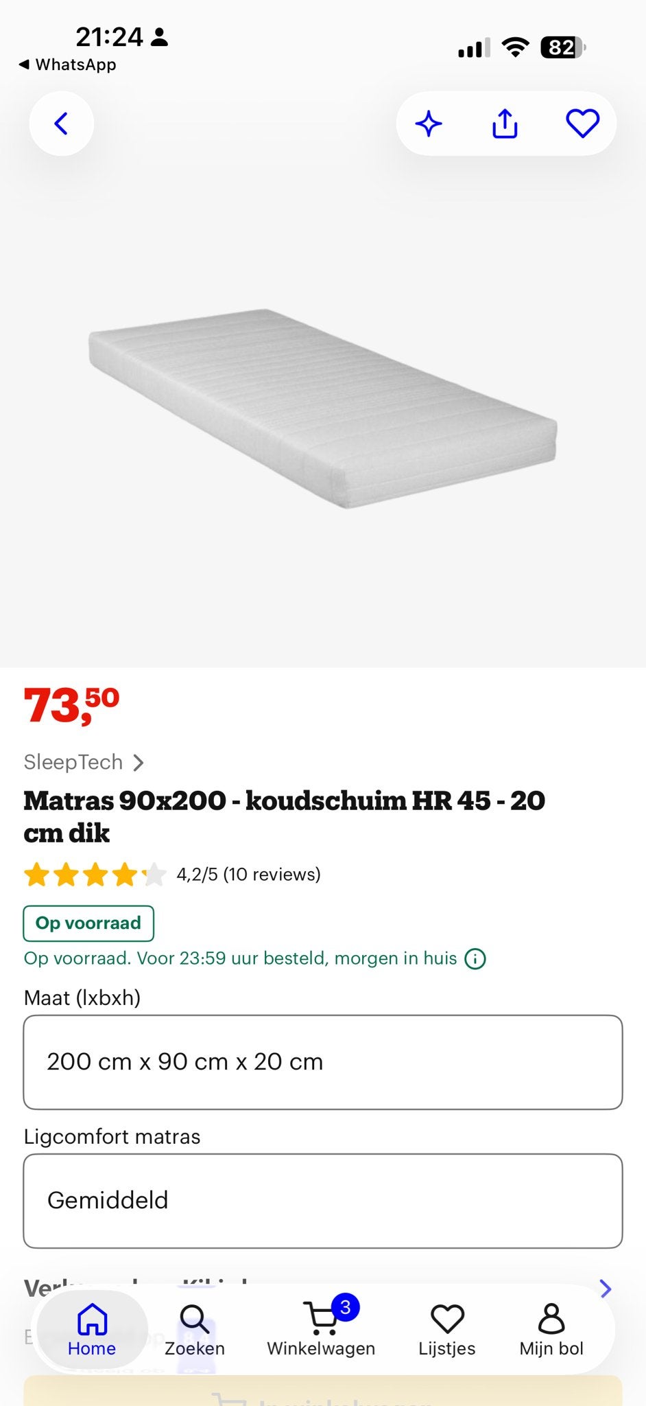 SleepTech Matras 90x200 - koudschuim HR 45 - 20 cm dik, Ophalen, 90 cm, Eenpersoons, Nieuw
