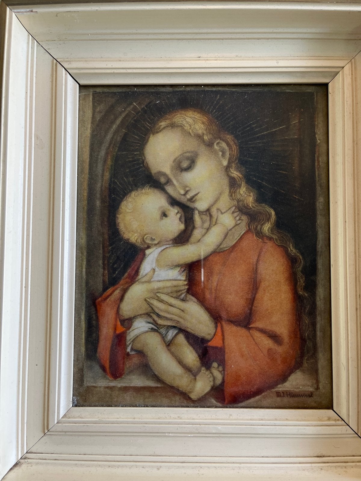 Vintage schilderij Maria met kind, gesigneerd M. Hummel, Ophalen of Verzenden