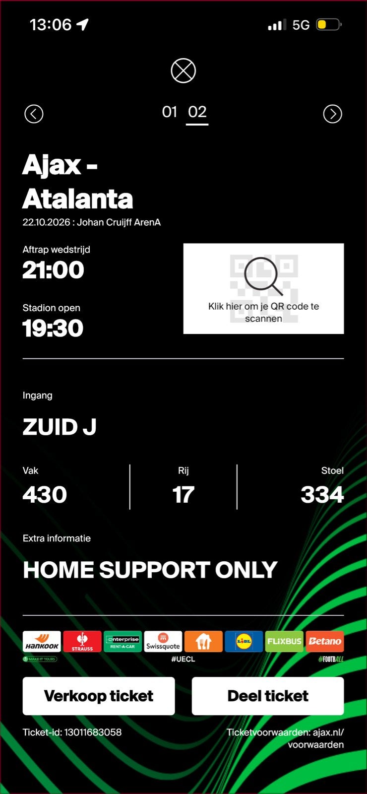 1 Kaart ajax - Atalanta, Tickets en Kaartjes