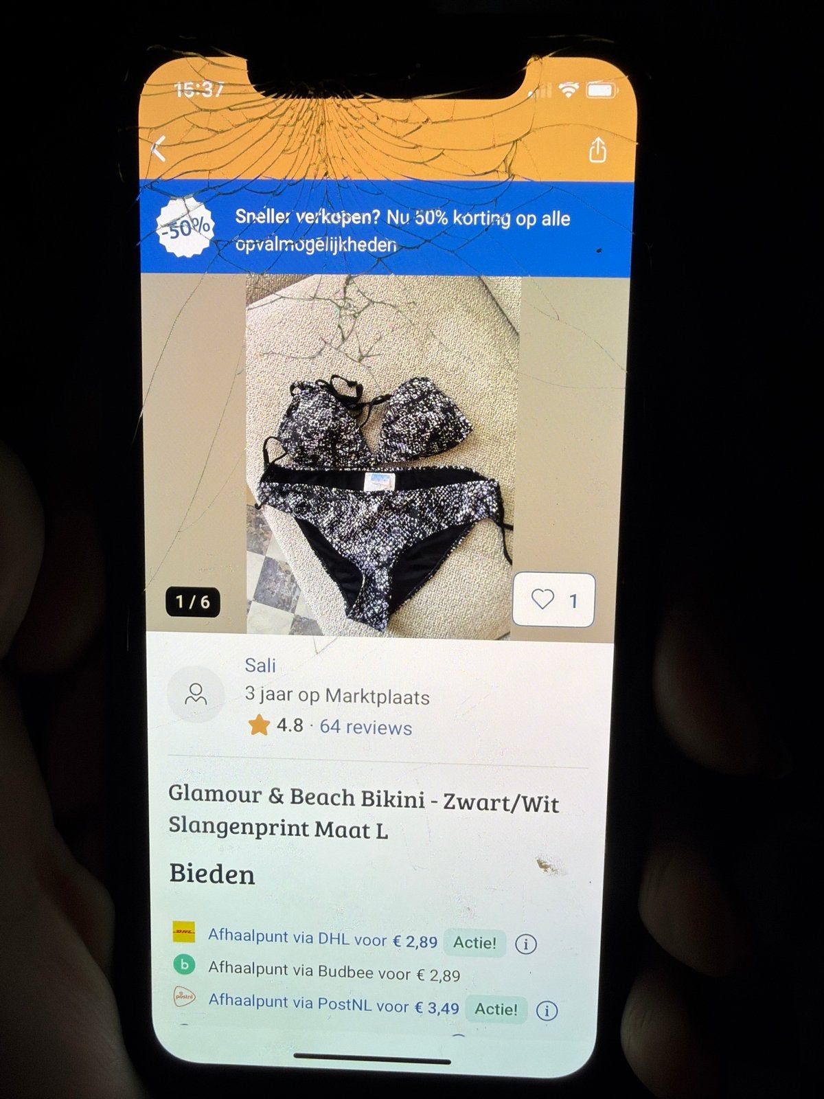 Glamour & Beach Bikini - Zwart/Wit Slangenprint Maat L, Ophalen of Verzenden, Zo goed als nieuw, Zwart, Bikini