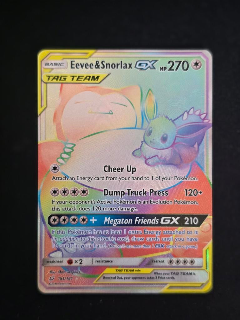 Pokemon NM Eevee & Snorlax GX 191/181 Near mint Rainbow Rare, Ophalen of Verzenden, Zo goed als nieuw