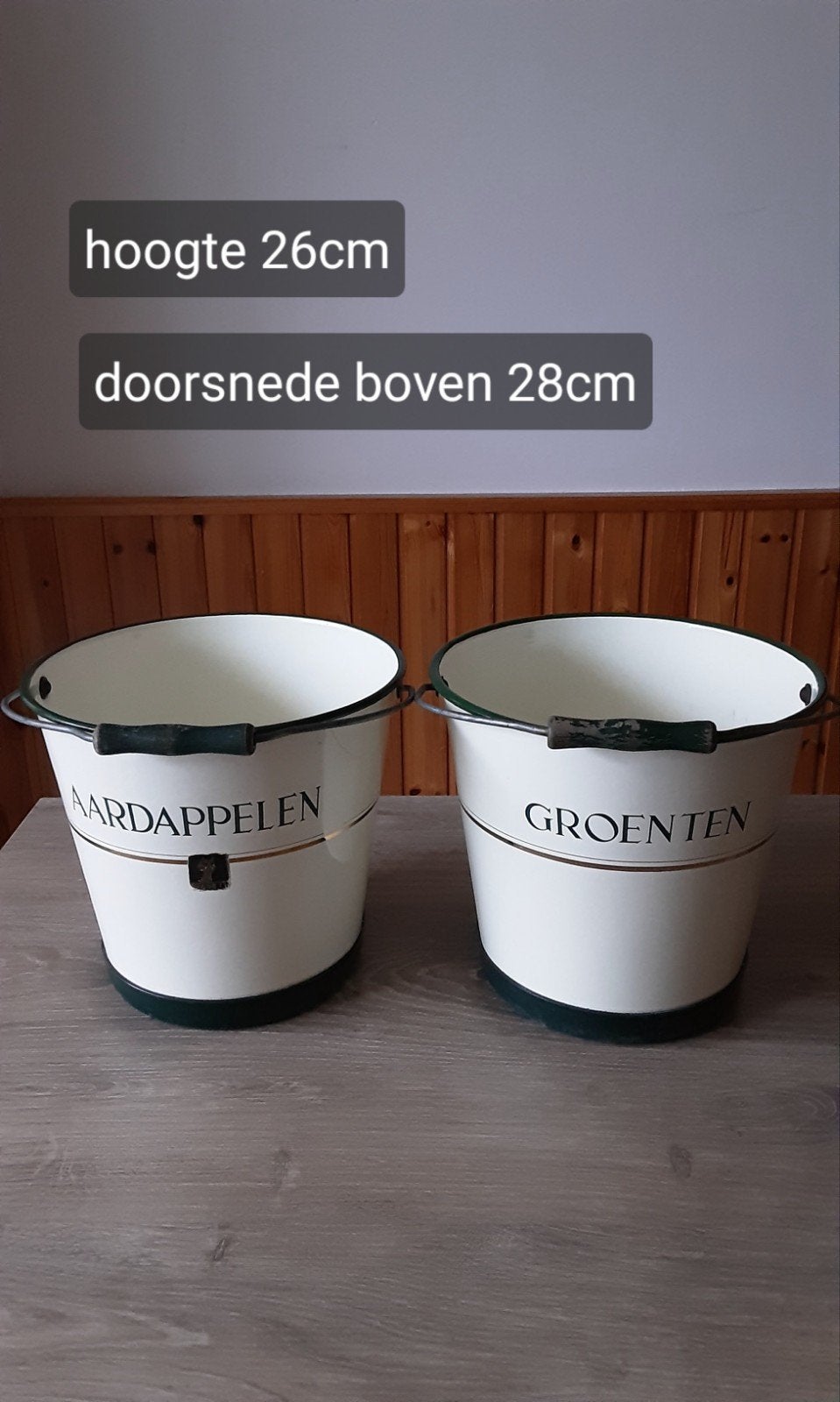 EMAILLE BEIGE AARDAPPELEN EN GROENTEN EMMER MERK KAT., Antiek en Kunst, Antiek | Emaille, Ophalen of Verzenden