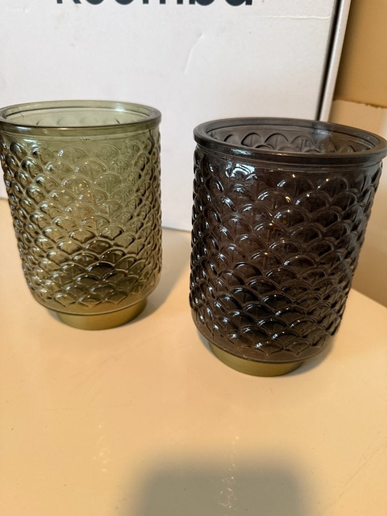Set van 2 glazen windlichten schubben-motief LED, Ophalen of Verzenden