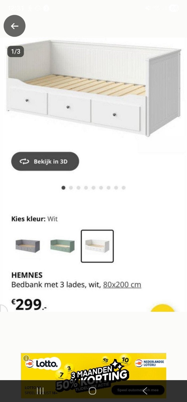 IKEA HEMNES Bedbank met 3 lades, wit, 80x200 cm, Ophalen, Gebruikt, Eenpersoons, Wit