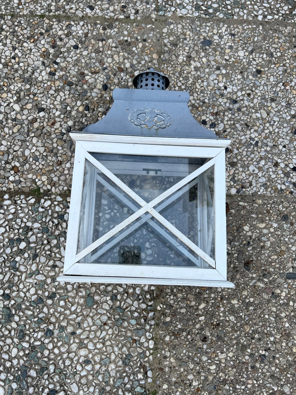 Decoratieve lantaarn wit met metalen dak, Hout, Gebruikt, Ophalen of Verzenden, Landelijk