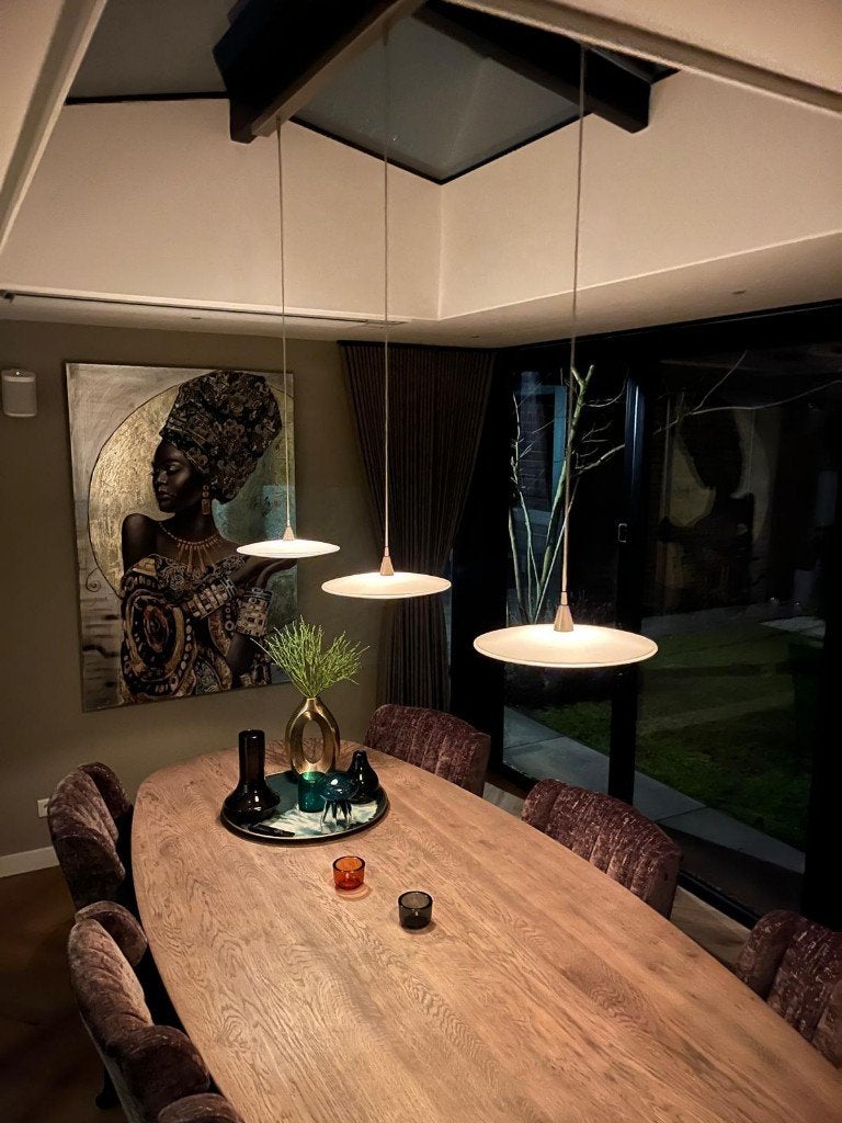 Prachtige eettafel LAMP / fraai design /  dimbaar, Ophalen, Zo goed als nieuw, Glas, 75 cm of meer