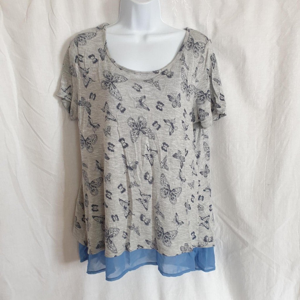 Stoer grijs shirt, vlinders. Mt L. Merk MS Mode, ., Maat 42/44 (L), Ophalen of Verzenden, Zo goed als nieuw