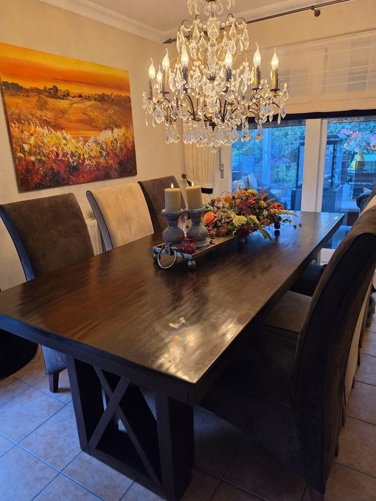 Massief houten tafel met 6 stoelen, Ophalen, Gebruikt, Frans, Eikenhout