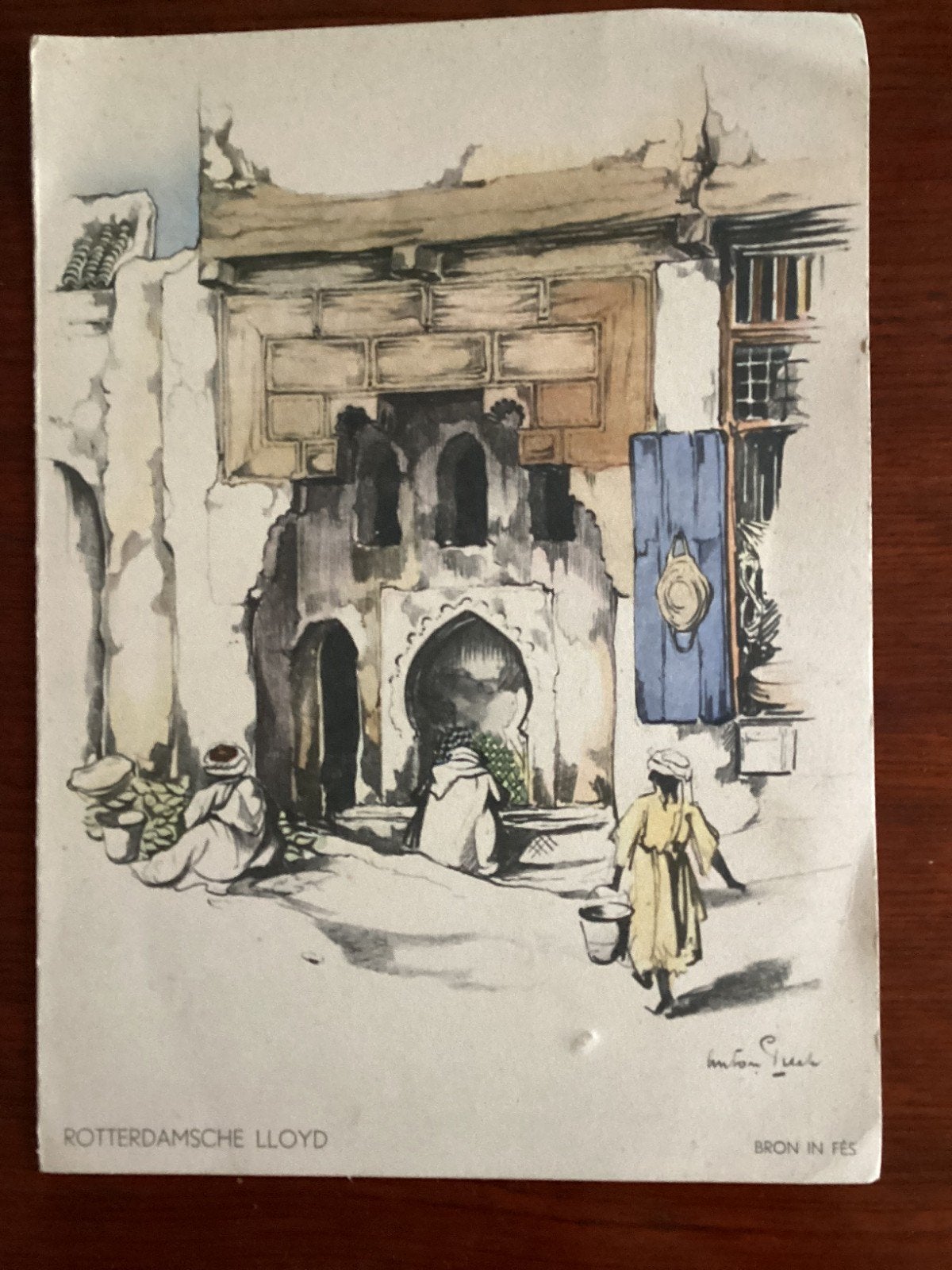 Vintage Rotterdamsche Lloyd menu Bron in Fès (1930s), Ophalen of Verzenden, Gelezen, Anton Pieck (vermoedelijk), Folder