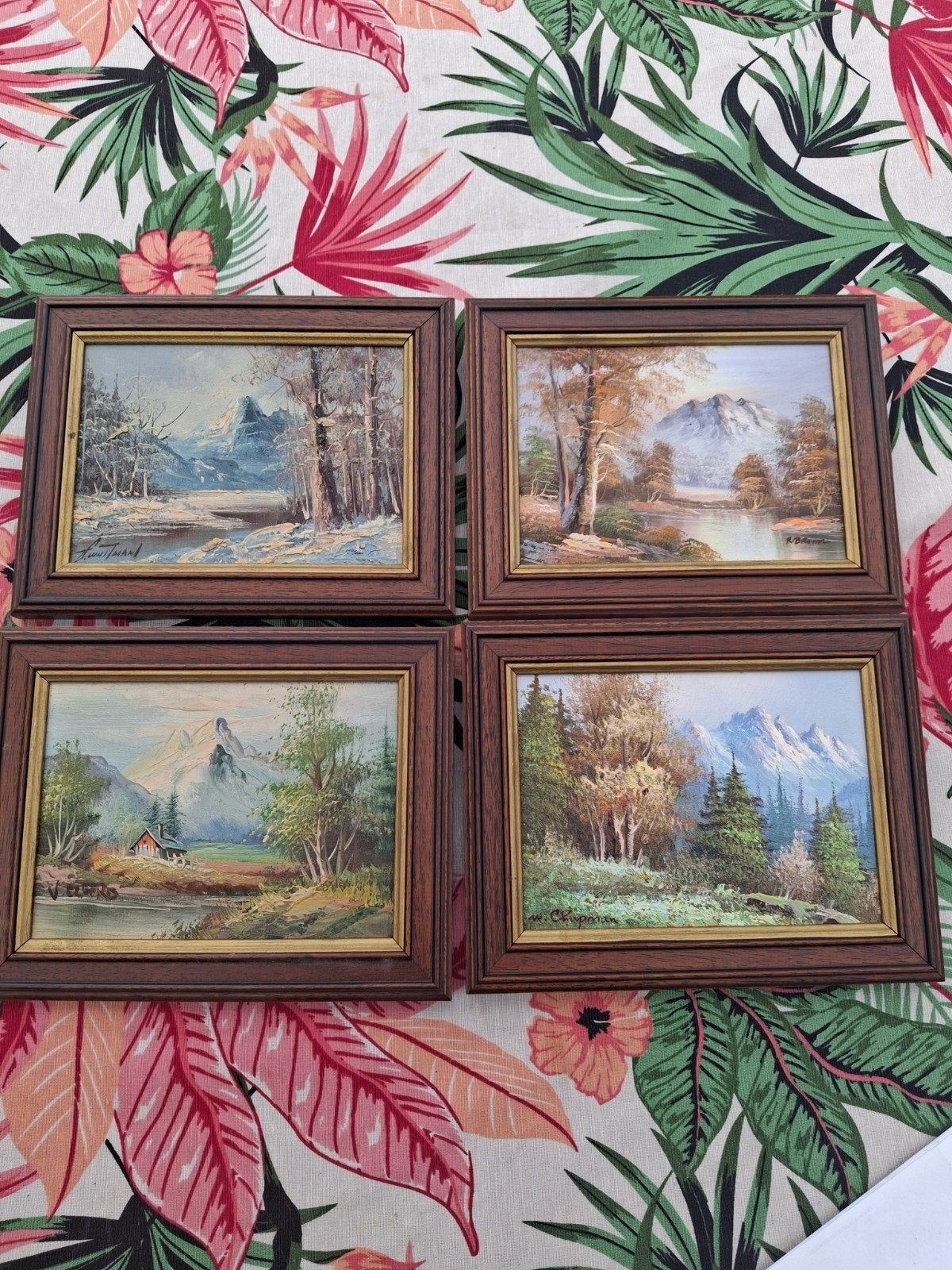 Set van 4 ingelijste landschapsschilderijen, Antiek en Kunst, Ophalen, Handgeschilderd, Doek, Realistisch
