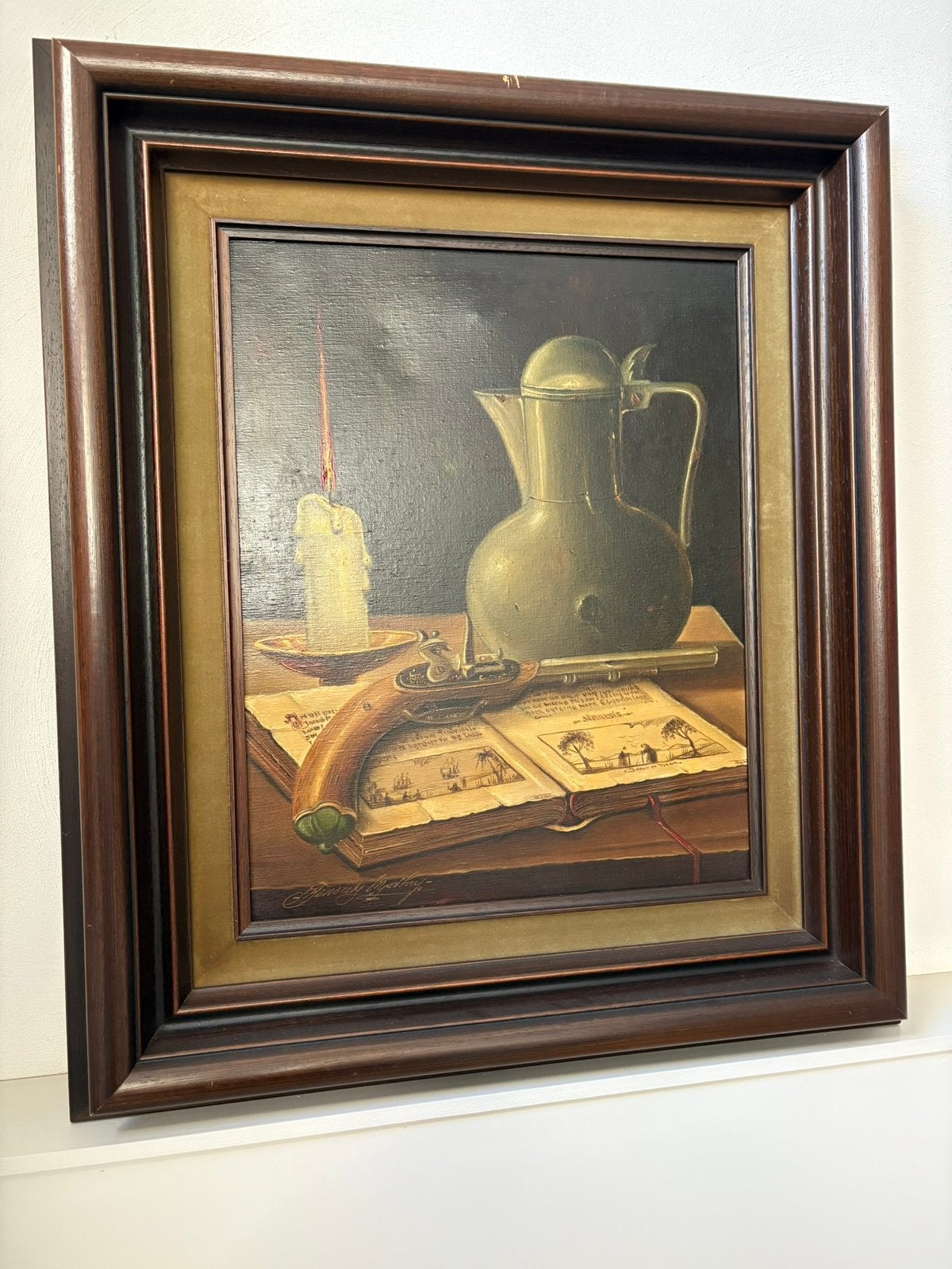 Oud schilderij op doek met bruine grote lijst., Ophalen