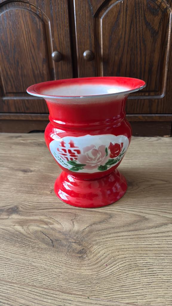 Vintage Emaille Vaas Rood met Bloemen en Tekens, Antiek en Kunst, Antiek | Emaille, Ophalen of Verzenden