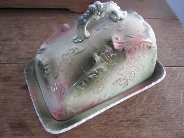Grote art nouveau kaasstolp/botervloot prachtig groen/roze, Ophalen of Verzenden