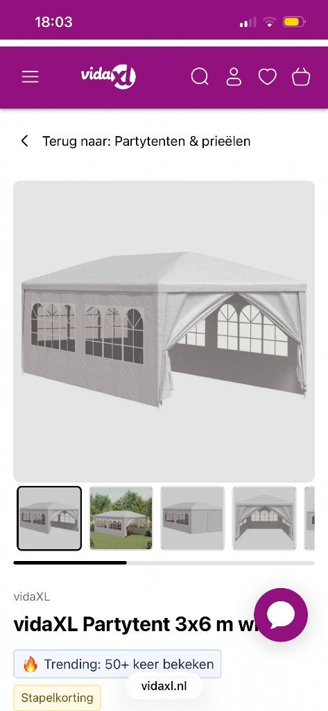 Party tent 3-6 meter, Ophalen, Nieuw