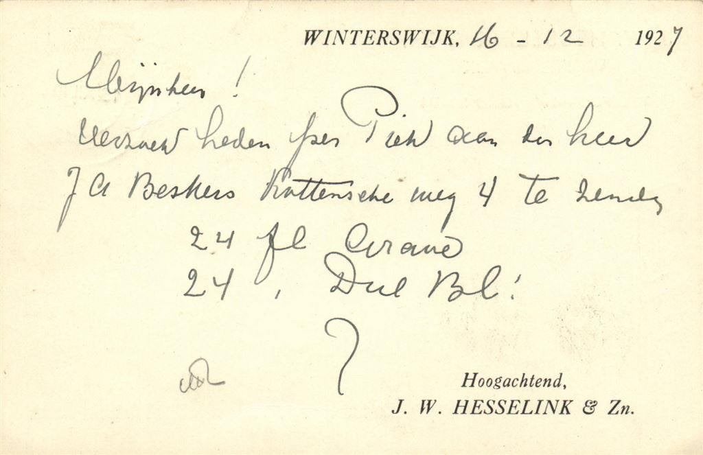 J.W. Hesselink + Zn., Winterswijk - 12.1927 - briefkaart, Ophalen of Verzenden, Briefkaart