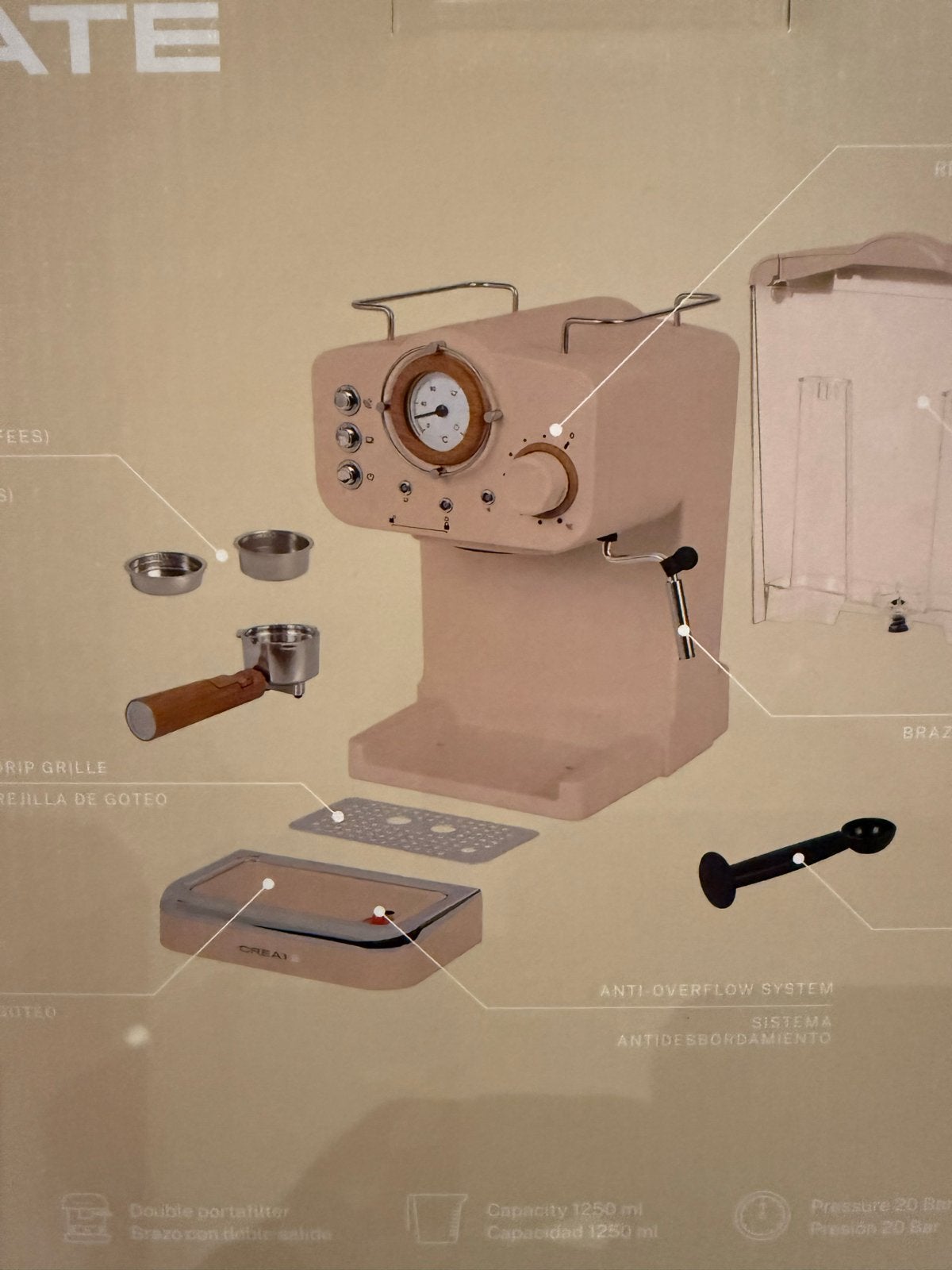 CREATE Thera Retro Espresso machine - Roze, Afneembaar waterreservoir, Espresso apparaat, 10 kopjes of meer, Nieuw