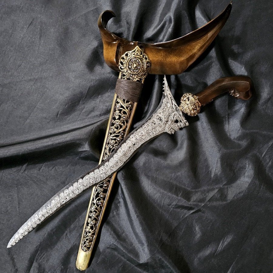 Keris Singo Kilin 3 Luk Pamor Jala Sutra Kemuninghout KNM41, Wapen, Verzenden, Overige materialen, Indonesië