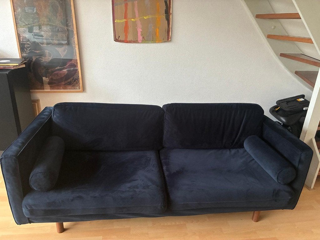 sofa company navy velour couch, Ophalen, Gebruikt, Driepersoons, Rechte bank