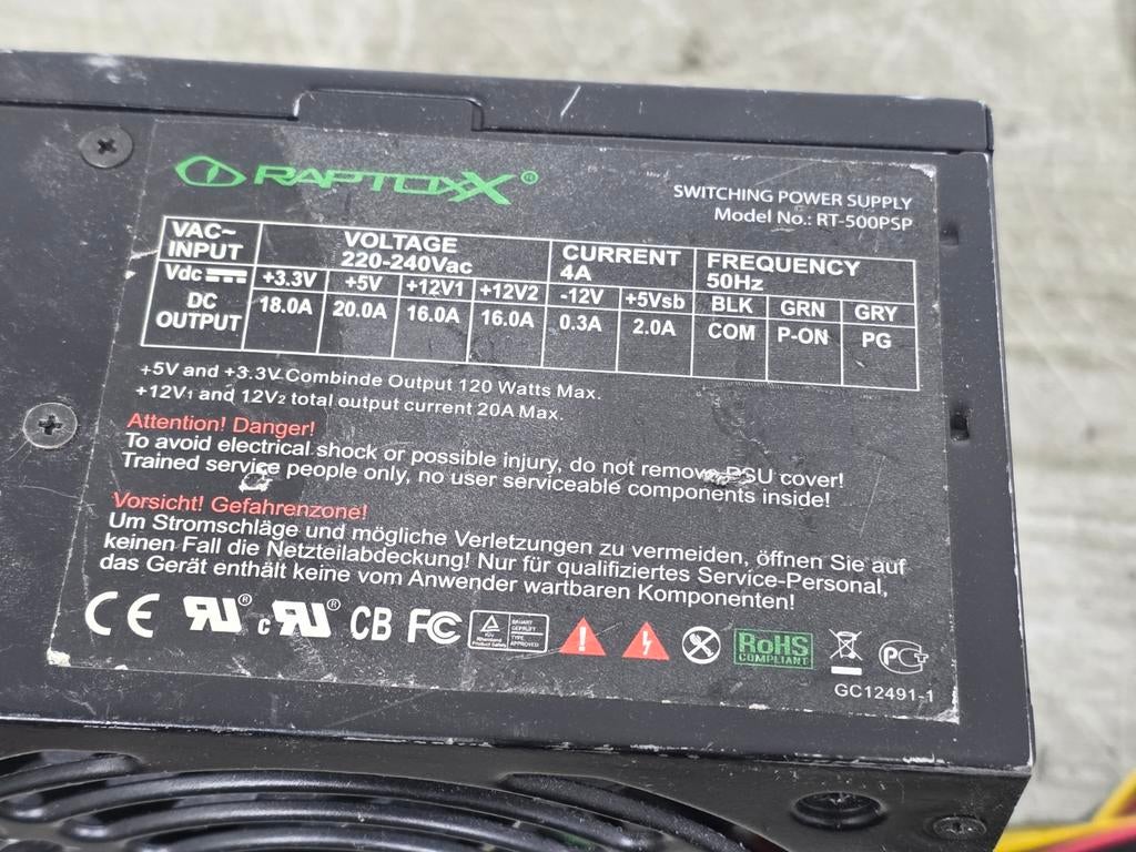 Raptoxx 500w max voeding psu power supply rt-500psp, Ophalen of Verzenden, Gebruikt