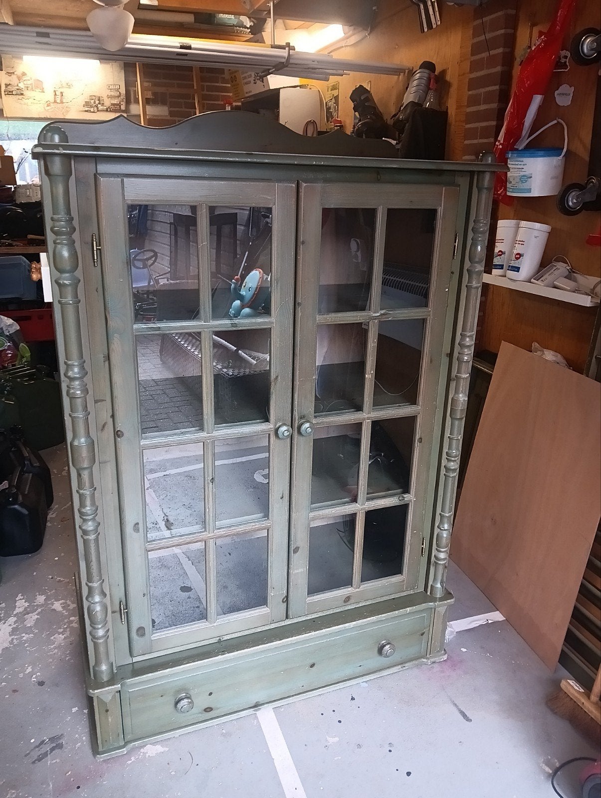 Vintage Groene Vitrinekast met Lade en plastic Glazen Deuren, Huis en Inrichting, Ophalen, Gebruikt, 150 tot 200 cm, 50 tot 75 cm