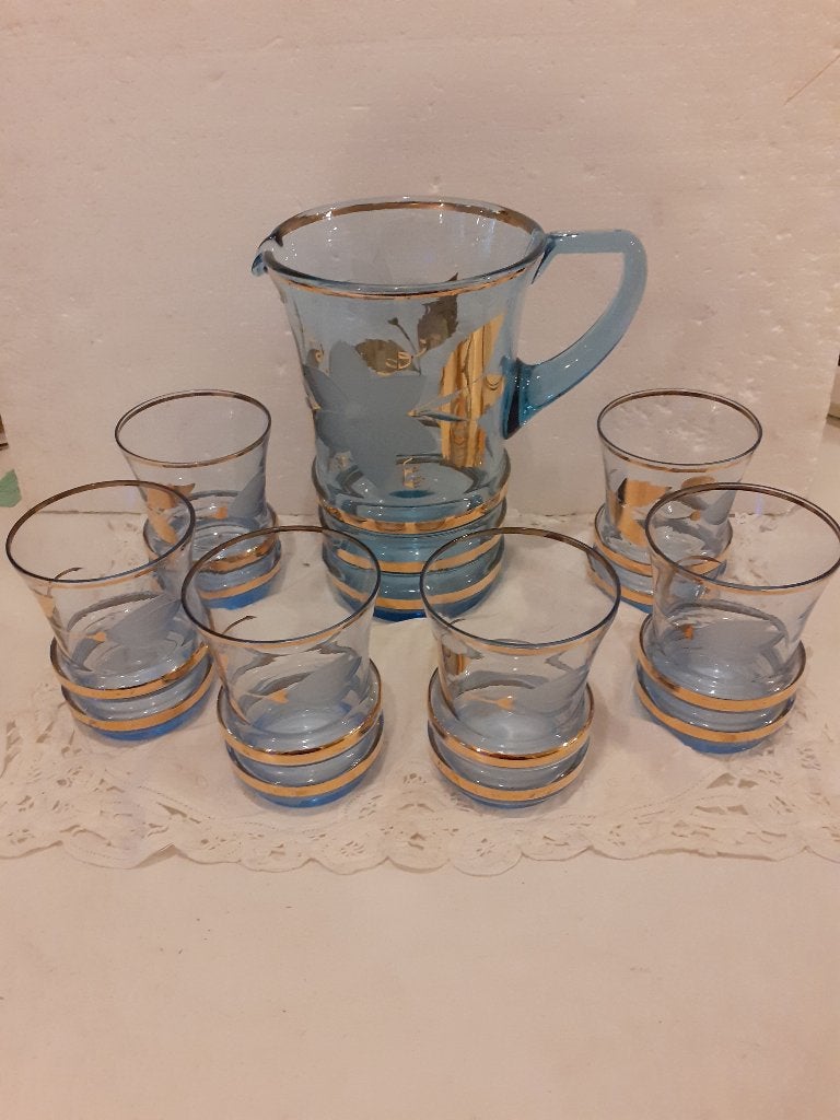 Boheems glas - Czechslovakia - mooie kan met 6 glazen, Antiek en Kunst, Antiek | Glas en Kristal, Ophalen of Verzenden