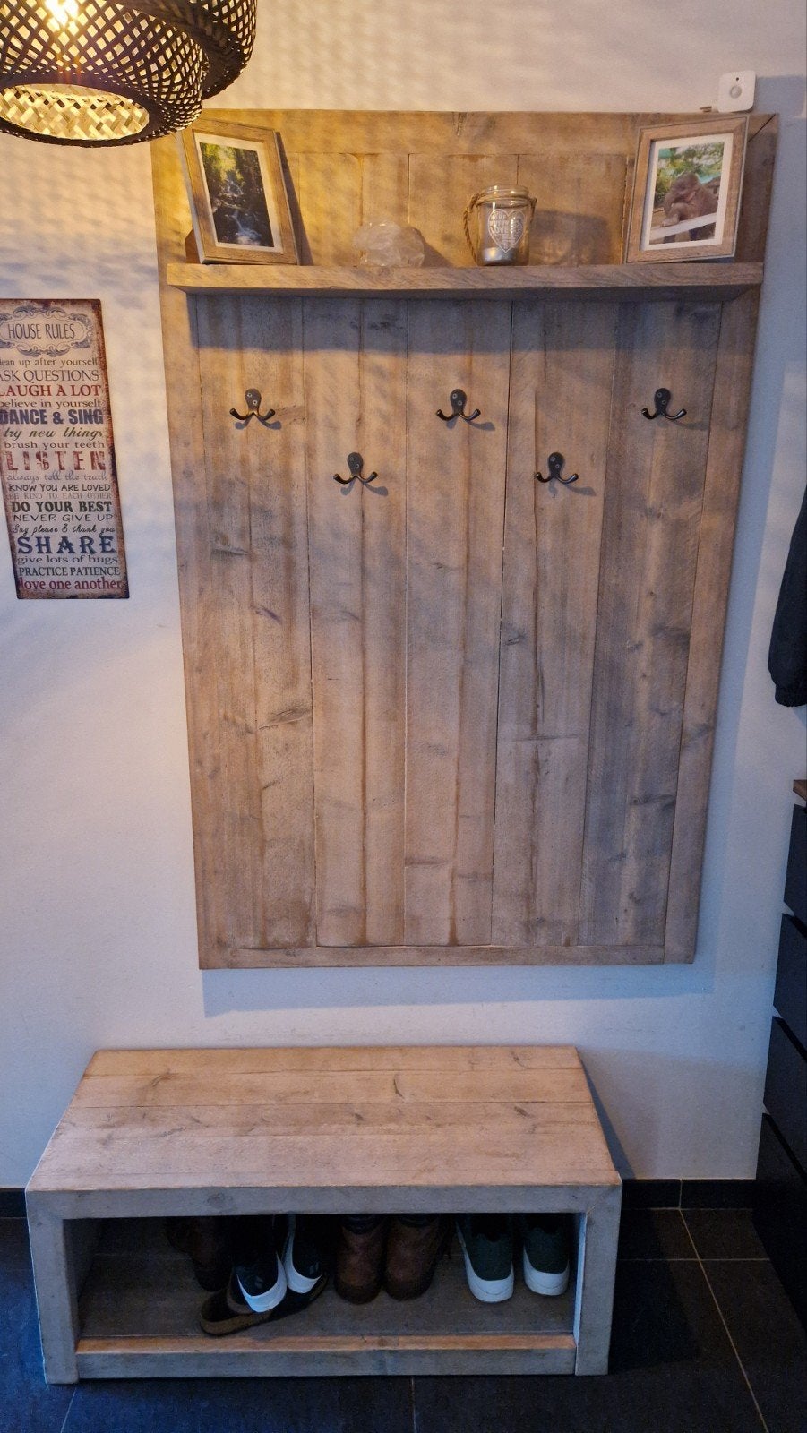 Handgemaakte kapstok + schoenenbankje van steigerhout, Gebruikt, 150 tot 200 cm, Hout, Ophalen