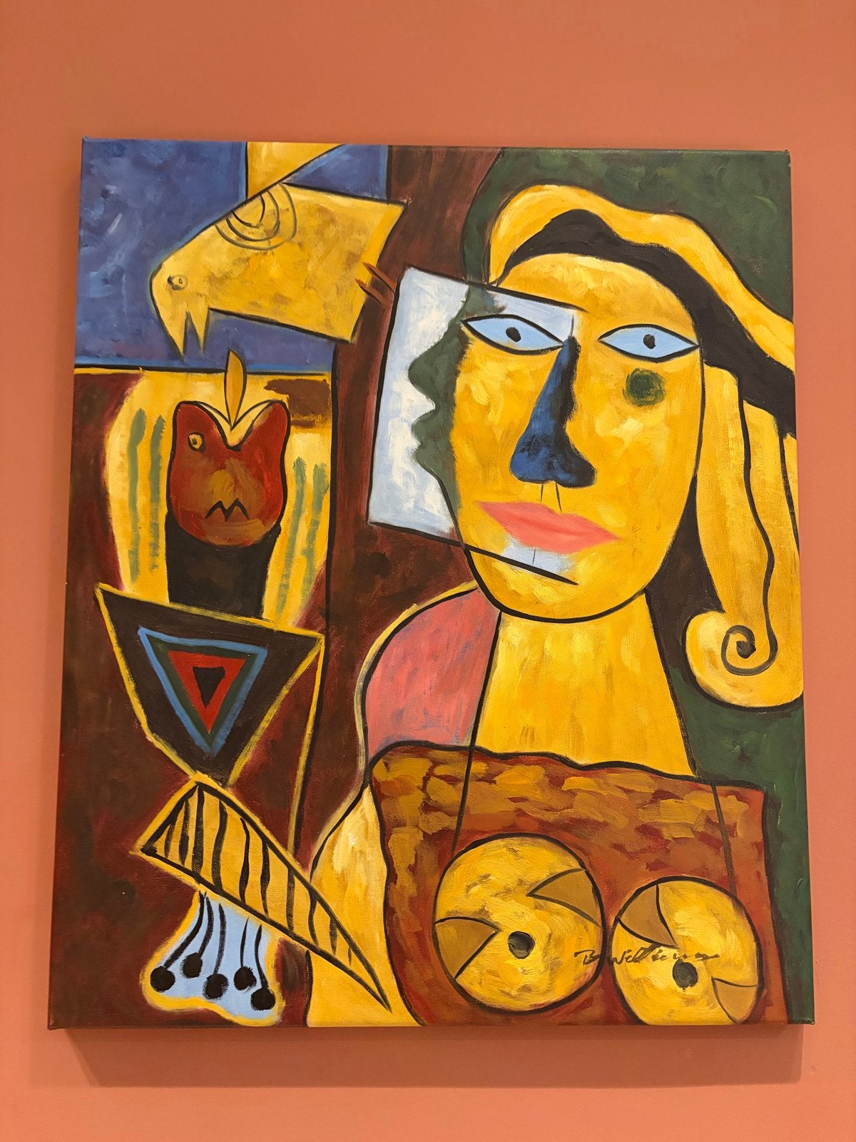 Modern schilderij: Vrouw, Vis, Vogel met abstracte elementen, Antiek en Kunst, Ophalen of Verzenden, Gesigneerd, Textiel, Figuren