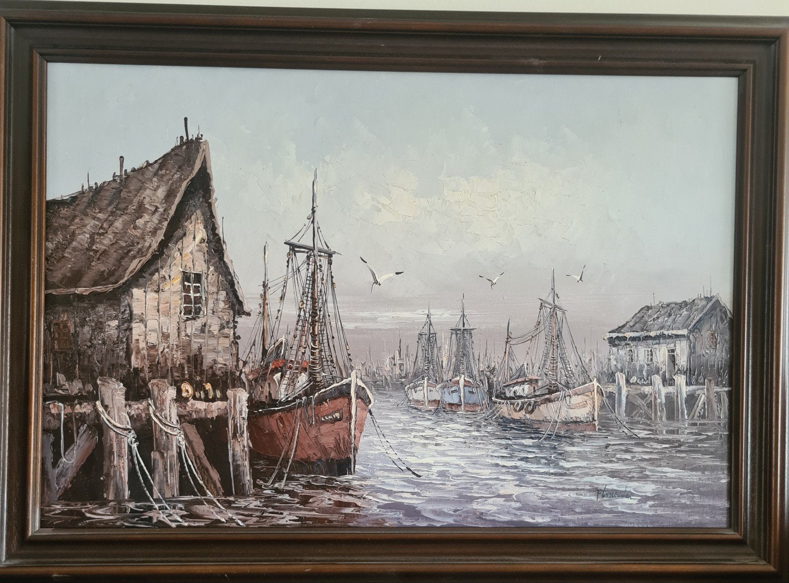 Maritiem olieverfschilderij met vissersboten en haven, Ophalen of Verzenden