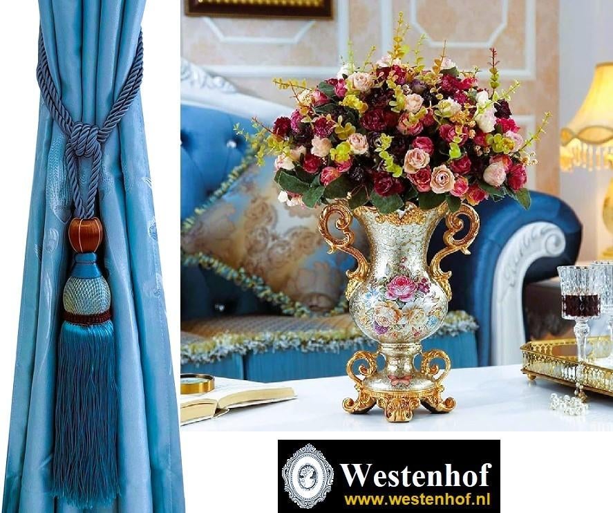2x Groot gordijn kwasten / embrasses klassiek blauw met goud, Minder dan 50 cm, Bruin, Verzenden, Klassiek