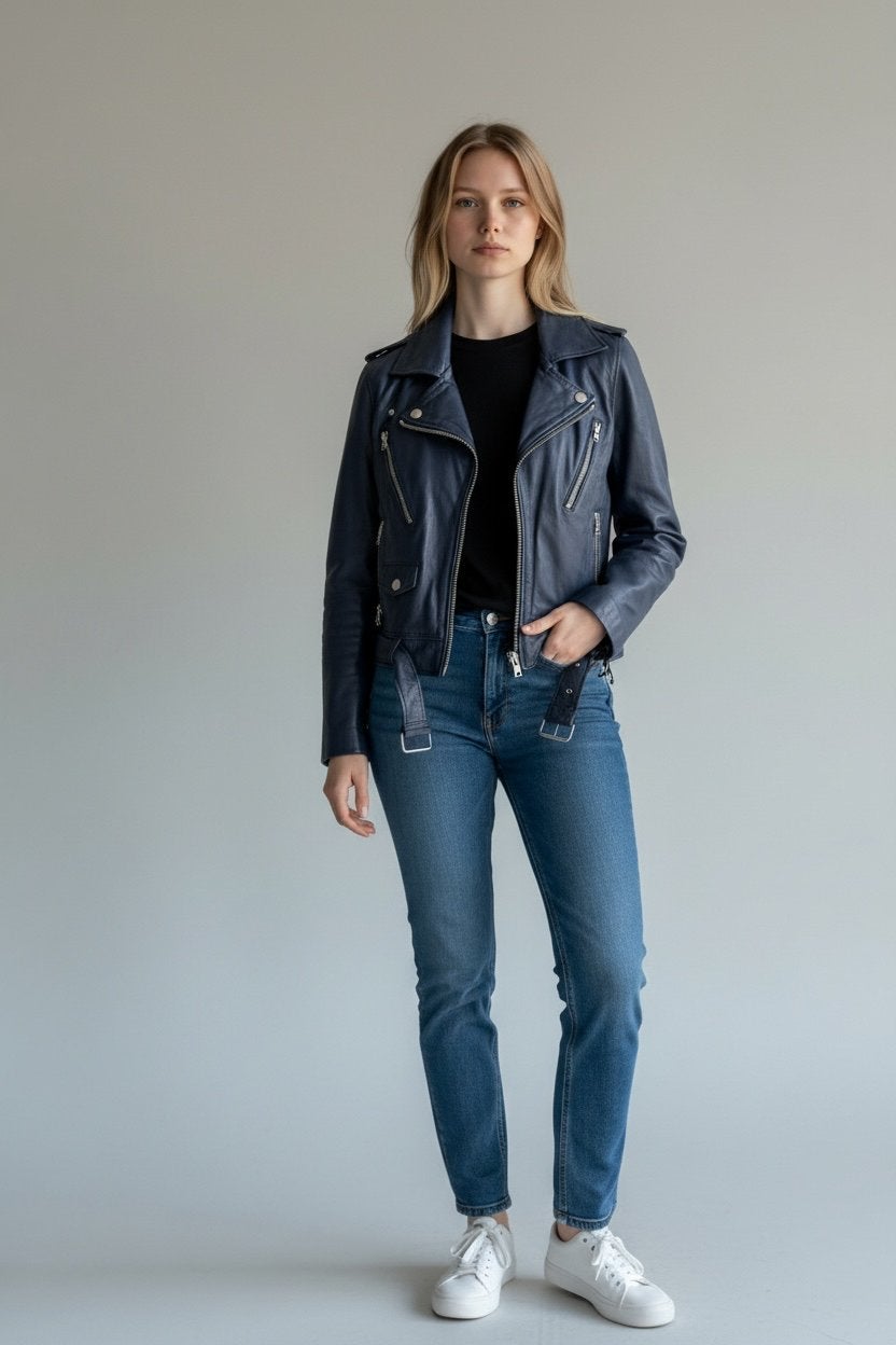 Ibana Leren Bikerjack Donkerblauw Maat S, Ophalen of Verzenden, Gedragen, Maat 36 (S), Blauw