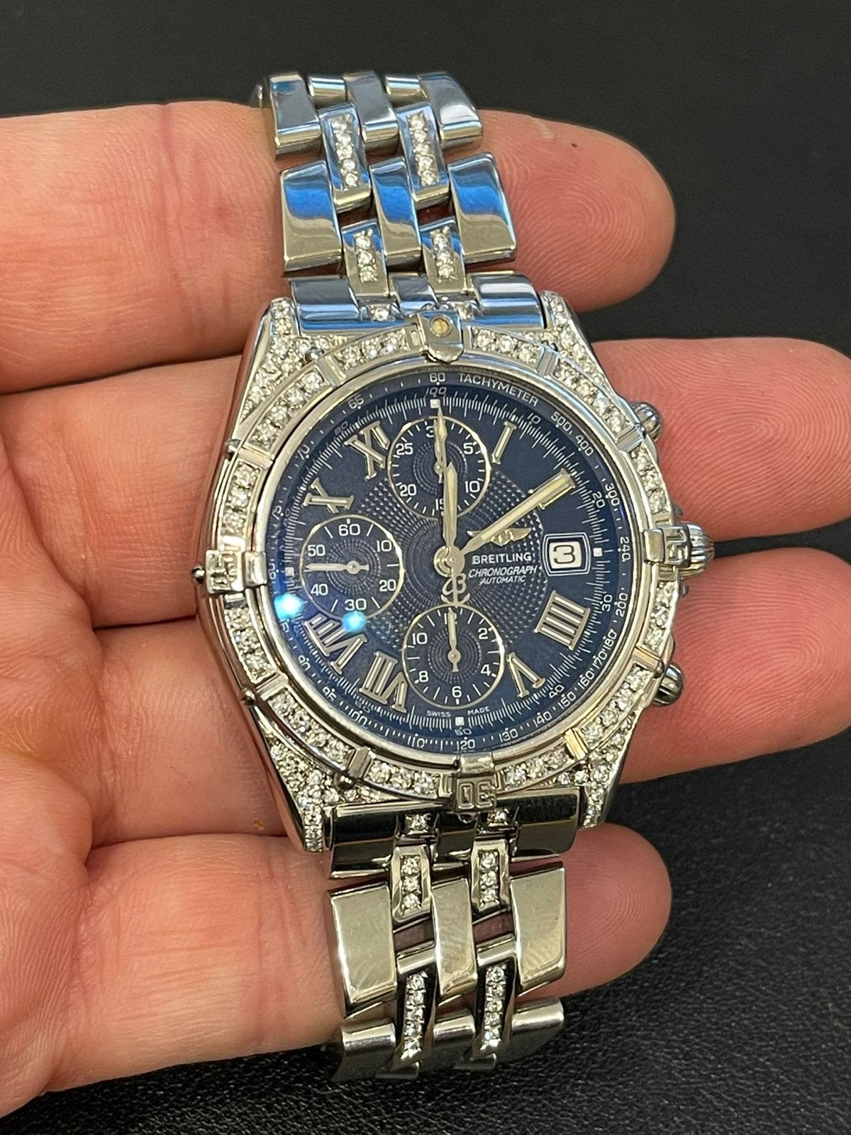 Breitling Crosswind Chronograph met diamanten, Sieraden, Tassen en Uiterlijk, Horloges | Heren, Gebruikt, Staal, Breitling, Polshorloge