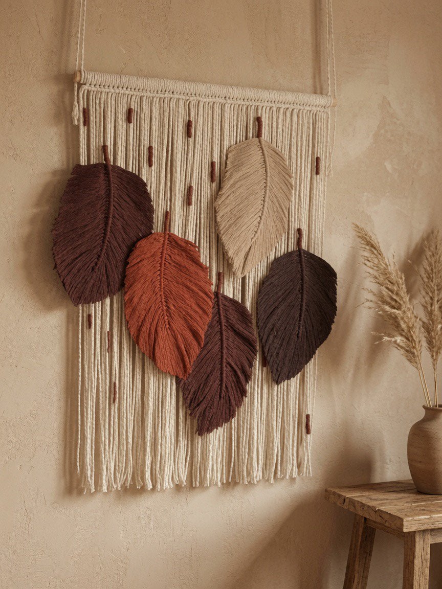 Macramé wandhanger met bladeren, Huis en Inrichting, Woonaccessoires | Wanddecoraties, Beige, Boho, Textiel, Ophalen of Verzenden