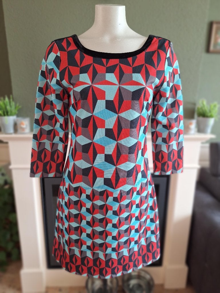 Custo blauw rood grijs fantastische jurk 40 M, Kleding | Dames, Maat 38/40 (M), Custo, Zo goed als nieuw, Knielengte