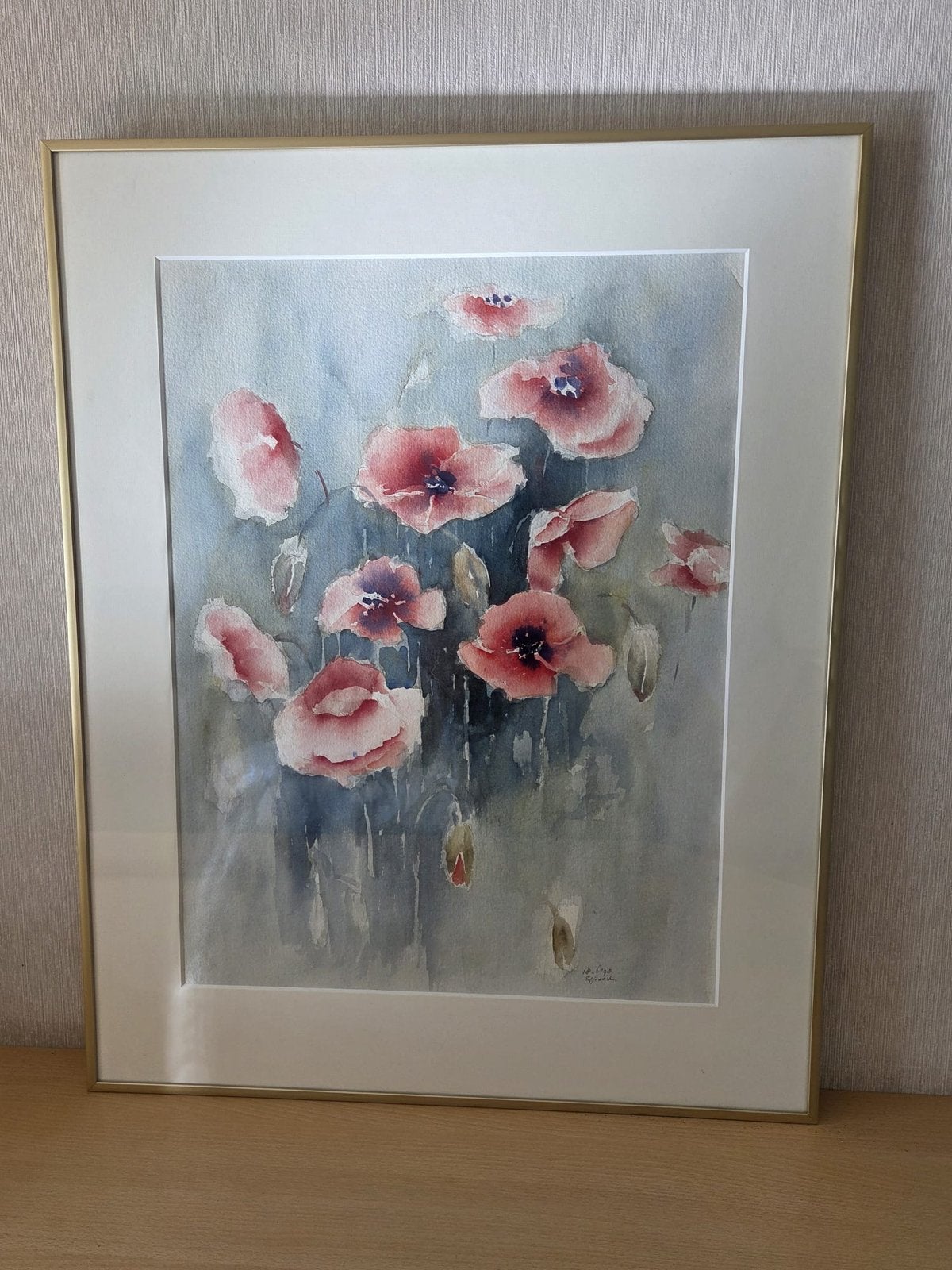 Aquarel | klaprozen | bronskleurige lijst, Antiek en Kunst, Ophalen, Tekening, Aquarel, Ingelijst