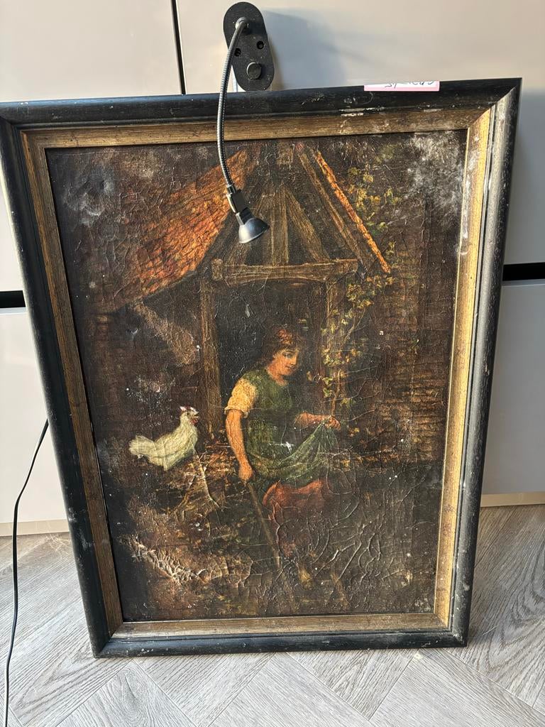 Oud schilderij vrouw en kip met lamp, Ophalen