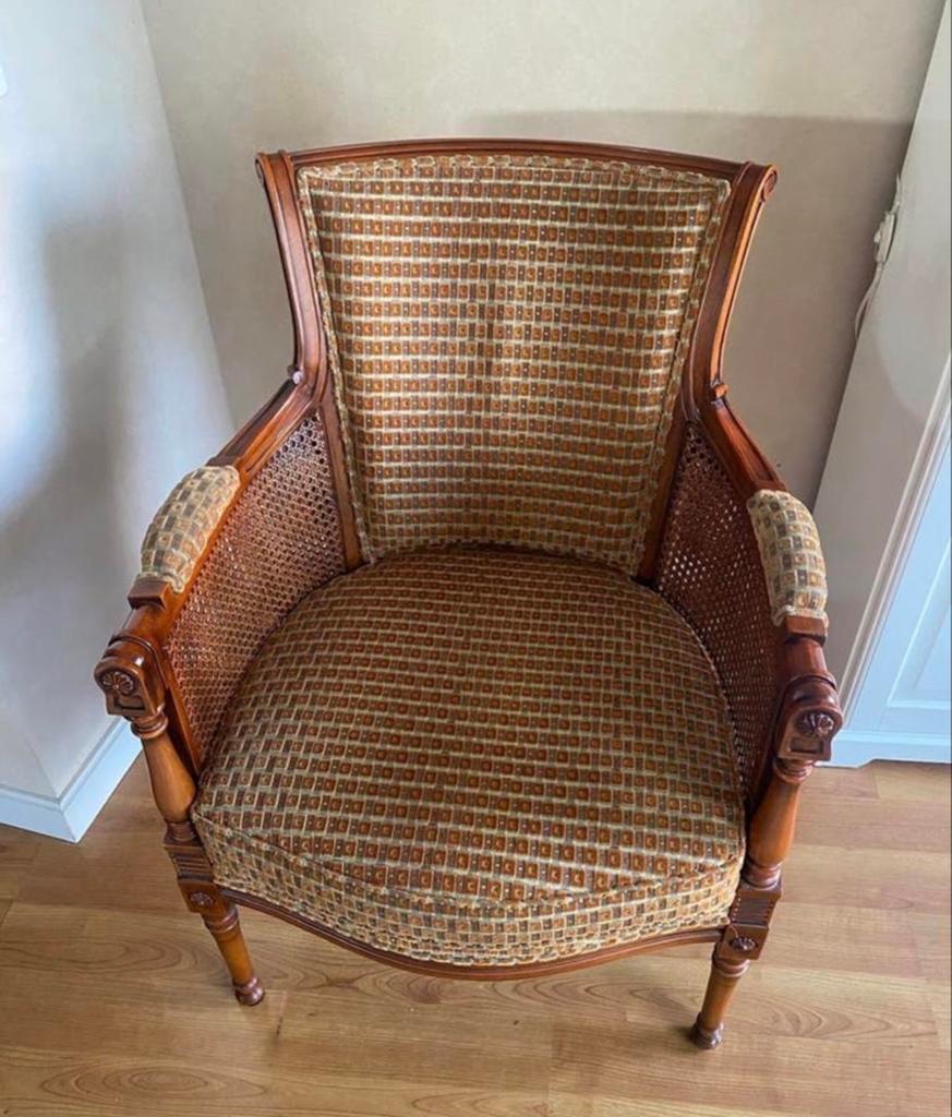 Louis XVI Stijl Riet Bergère Fauteuil met Bekleed Zitting, Antiek en Kunst, Antiek | Meubels | Stoelen en Banken, Ophalen