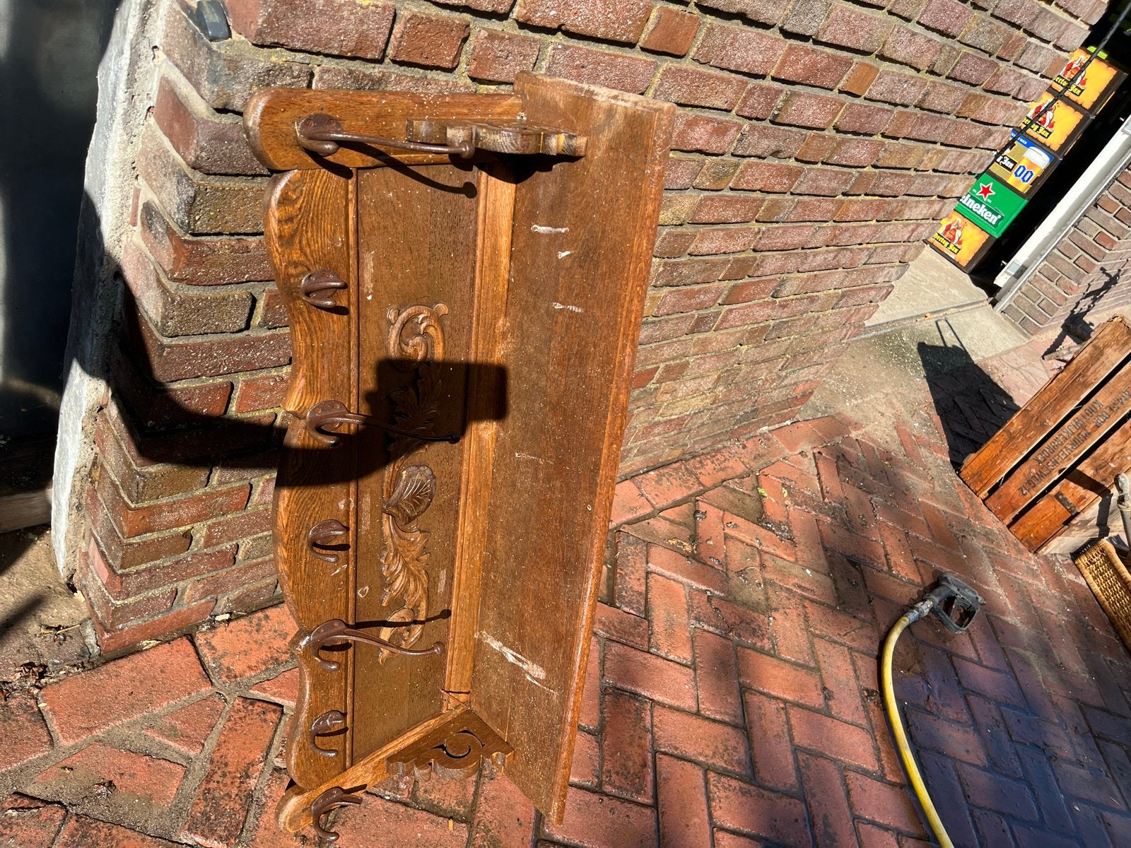 Antieke houten kapstok met sierlijk houtsnijwerk, Gebruikt, Minder dan 100 cm, Hout, Ophalen